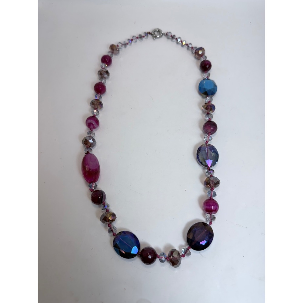 Boho‎ Beaded Statement Necklace Magenta Purple Blue Iridescent Faceted Glass 24"